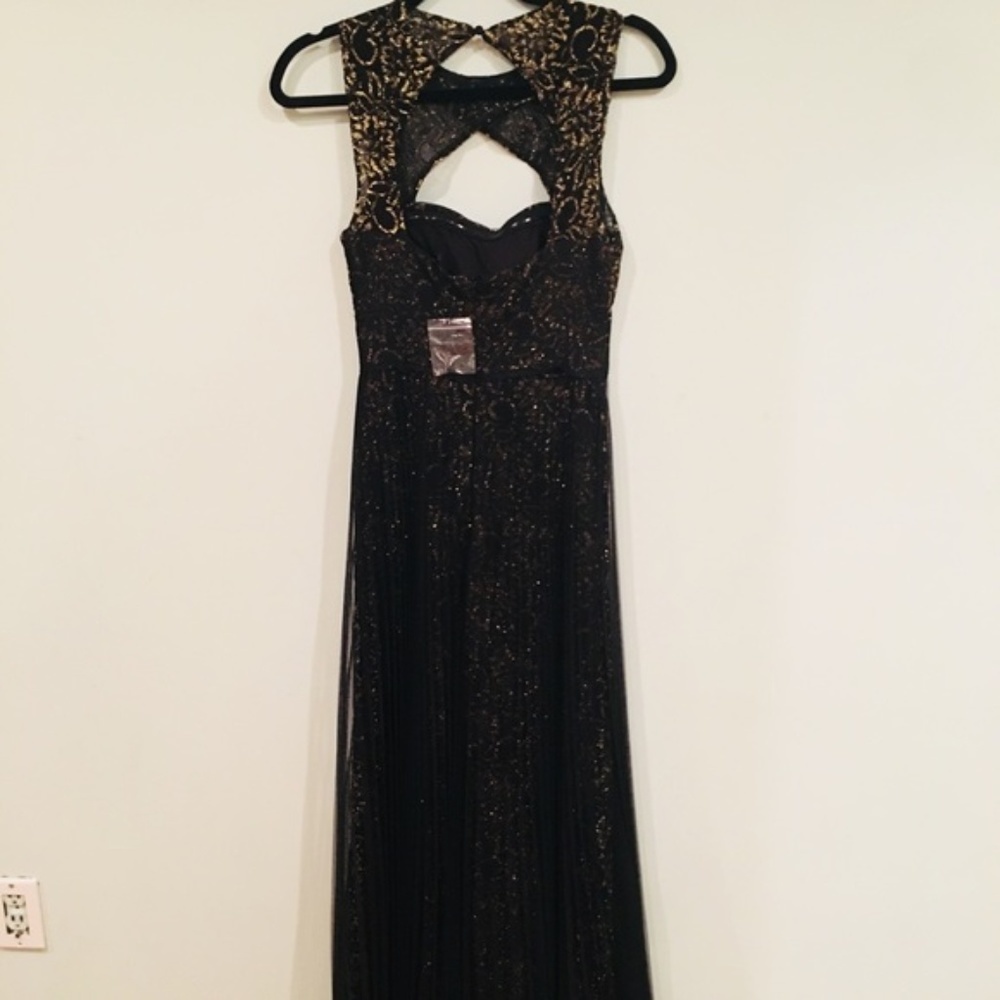 BCBG | Black &Gold Open Back Tulle Pleated Gown - Picture 6 of 9